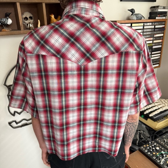 Vintage 90s 2000s Wrangler Cropped Plaid Tinsel Pearl Snap Western ~ Size L - Picture 4 of 6